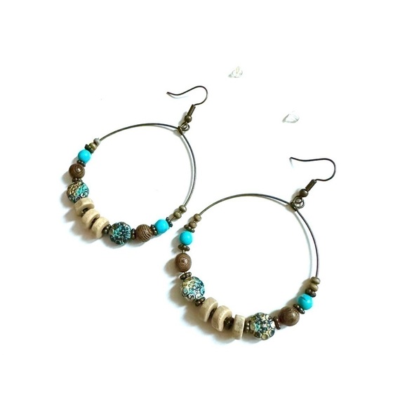 Vintage Style Turquoise & Bronze Color Round Hoop Earrings - Picture 3 of 5